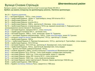 № 1/5 — Будинок художника.
№ 7 — житловий будинок, 1910 р., стиль модерн.
№ 10 — прибутковий будинок, проект А. Трахтенберга, кінець XIX-початок XX ст.
№ 12 — прибутковий будинок, 1911 р.
№ 13 — прибутковий будинок, початок XX ст.
№ 14 — прибутковий будинок, 1898 р., архітектор В. Ніколаєв, стиль еклектизм.
№ 18 — прибутковий будинок, в якому мешкав у 1910-х рр. відомий вчений-хімік С. Реформатський та
розташовувалася жіноча гімназія Н. Конопацької.
№ 22 — житловий будинок, середина XIX ст., стиль класицизм.
№ 24 — садиба другої половини XIX ст., цегляний стиль.
№ 26 — житловий будинок, 1890 р., стиль еклектизм, проект М. Горденіна.
№ 26-а — житловий «Будинок комунальників», 1935 р., стиль конструктивізм, проект М. Гречини.
№ 27 — колишня приватна жіноча гімназія Жекуліної, 1912 р., архітектор В. Осьмак.
№ 31 — прибутковий будинок, 1903 р.
№ 33-а — прибутковий будинок А. Павлова-Сильванського, 1913 р., архітектор А. Трахтенберг, стиль модерн.
№ 35 — прибутковий будинок, 1913-1914 рр.
№ 40 — житловий будинок, 1913-1915 рр., архітектор В. Безсмертний, стиль пізній модерн.
№ 42 — прибутковий будинок, 1910 р., архітектор В. Безсмертний, стиль модерн.
№ 45-а — флігель житловий з риборозплідником, 1910 р.
№ 46 — особняк зведений у 1946 р. на місці колишньої Старокиївської Вознесенської церкви.
№ 47 — житловий будинок 1913–1914 рр., стиль пізній модерн з елементами класицизму.
№ 48 — житловий будинок, 1930-ті рр., стиль конструктивізм, проект С. Царьова.
№ 72 — житловий будинок, кінець XIX- початок XX ст., стиль еклектизм.
№ 76 — житловий будинок, 1930-ті рр., стиль пізній конструктивізм.
№ 79 — житловий будинок, проект архітектора Є. Яхненко. Зразок архітектури 1930-50-х рр.
№ 84 — прибутковий будинок, 1899-1900 рр.
№ 93 — будівля кінотеатру «Київська Русь», відкритого в 1982 році.
Вулиця є однією з найцінніших пам'яток історії та культури Києва XIX-XX ст.
Будівлі, що мають історичну та архітектурну цінність. Пам'ятки архітектури
Шевченківський район
Вулиця Січових Стрільців
 