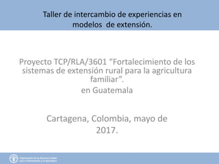 Proyecto TCP/RLA/3601 “Fortalecimiento de los
sistemas de extensión rural para la agricultura
familiar”.
en Guatemala
Cartagena, Colombia, mayo de
2017.
Taller de intercambio de experiencias en
modelos de extensión.
 
