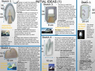 INITIAL IDEAS (1)Sketch 1:
Sketch 4:
Sketch 2:
Sketch 5:
Inspired by
Mood Board:
Inspired
by
Mood
Inspired
by Mood
Board:
Inspired
by Mood
Board:
Inspired by Mood
Board:
15 cm
18
cm
15
cm
12.5
cm
14
cm
9 cm
11
c
m
10 cm
32
cm
25 cm
My design is
inspired from
mood board
therefore it links to
my theme, and
that’s what my
client want.
• My design color scheme is influenced by
the questionnaire, since wooden color,
white and black/silver color were the most
chosen color, from my client, these are the
color that my client want.
• The base is made out of plywood. It
is because it is a very strong. The
base is then cut into a triangular
shape it because it was the second
choice for the customer as per my
questionnaire, and then sanded
down for a smooth finish for a good
flush look. The wooden base is then
spray painted in black and a clear
coating is applied over it for a clean
finish in wooden color .
• LED lighting will be used, because it
saves energy, therefore it is good for
the environment. As per the
questionnaire that’s want my client
want.
• My design is made from plywood
and Acrylic. It is because that want
my client want. Also, Acrylic have a
lightweight therefore it is easier for
transportation and Plywood it very
short therefore it resist cracking and
breakage.
• The lamp is made from plywood and
laser cut Acrylic. It is because that`s
want my client want. I have used laser
cutter because laser cutter can cut
smooth edges quickly and effectively.
Acrylic have a good strength and
Plywood it very story therefore it resist
cracking and breakage. On Acrylic I
could engrave it to look aesthetically
good.• This design links
to my theme
because it is
chosen from
mood board and
that’s what my
• LED lighting is
used because it
saves energy and
that’s what my
client want as per
the questionnaire
Sketch 3: • The lamp is made from
plywood. Because it can be
made from most timbers to
increase aesthetics. Aesthetics
is one of the major thing that
most of the client look, as per
my questionnaire. Band saw
will be used to saw the pieces
of the wood. It is because it can
cut straight lines and tight
curves easily.
• This design links to my theme
because it is chosen from mood
board and that’s what my client
• LED lighting is used because
it comes in different color and
that’s what my client want as
per the questionnaire
• This design
links to my
theme
because it is
chosen from
mood board
and that’s
what my
client want.
• My design is inspired from mood
board therefore it links to my
theme, and that’s what my client
want.
• The lamp is made from laser cut
Acrylic. It is because that`s want my
client want. I have used laser cutter
reduces time for set-up with the
ability to react and adapt quickly to
changing production needs that are
market or quantity driven. Acrylic
have a good strength, comes in
different color and shapes etc....• LED lighting is used
because it is controllable
and that’s what my client
want as per the
questionnaire• My design color scheme is
influenced by the questionnaire,
since white and black/silver color
were the two chosen color.
These color are used because
that what my client want
• The lamp is made
from laser cut Acrylic
and Glass. I have
used Acrylic because
that`s want my client
want. I have used
laser cutter because
laser cutter can cut
smooth edges
quickly and
effectively. Acrylic
comes in cool
shapes while Glass
can come it different
sizes.
• LED lighting is used
because it have no
warming period time
and that’s what my
client want as per the
questionnaire
 