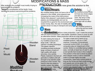 MODIFICATIONS & MASS
PRODUCTIONAfter analyzing the product I must modify it trying to
overcome all the problems.
Taking into consideration all the faults I have
develop the product overcoming all the problems.
My modified product now gives the solution to the
problems.
Mass
Production:To make a product that will be a mass production, I can`t make the product
with the same process that I used earlier, therefore I have to come up with
an alternative solution. Mass production will be at a big industrial level.
To start making the body of
my modified product at a
large scale, I will use
injection moulding technique.
The plastic injection
moulding process produces
large numbers of parts of
high quality with great
accuracy, very quickly.
Plastic material in the form of
granules is melted until soft
enough to be injected under
pressure to fill a mould. The
result is that the shape is
exactly copied, this safes
time and money. This is the
best process of make
Mass/Weight:
My modified design does not have a lot of
plywood in the middle, since plywood was
increasing the mass of the total product.
Rather than plywood I used plastics because
plastics are biodegradable and can be
recycled this is good for the environment and
saves money. Also, the rate of mobility will be
quicker since it is easy to transport and carry.
Safety:
My modified product does
not have any sharp edges
and will not hurt any
users. My lamp is fully
covered therefore the
warm light will not affect
any users.
Size:
My modified product is
not to big and too small
for my client.
To make a base and a stand of my
modified product, I will you a CNC
machine. Computer /Computerized
numerical control (CNC), is in which
computers play an integral part of the
control. Motion is controlled along multiple
axes, normally at least two (X and Y), and
a tool spindle that moves in the Z (depth).
The position of the tool is driven by direct-
drive stepper motor or servo motors in
order to provide highly accurate
movements. Open-loop control works as
long as the forces are kept small enough
and speeds are not too great. On
commercial machines, closed loop
controls are standard and required in order
to provide the accuracy, speed, and
LED (Light Emitting Diode), are cheap to
buy and use, wiring can be easily done.Problem
1
2
3
4
Modified
Plasti
c
Mould
Wooden
Stand
Wooden
Base
 