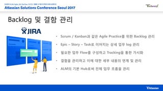 Backlog 및 결함 관리
• Scrum / Kanban과 같은 Agile Practice를 위한 Backlog 관리
• Epic – Story – Task로 이어지는 상세 업무 log 관리
• 필요한 업무 Flow를 구성하고 Tracking을 통한 가시화
• 결함을 관리하고 이에 대한 세부 내용의 연계 및 관리
• ALM의 기본 Hub로써 전체 업무 흐름을 관리
 