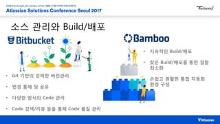 소스 관리와 Build/배포
• Git 기반의 강력한 버전관리
• 변경 통제 및 공유
• 다양한 방식의 Code 관리
• Code 검색/리뷰 등을 통해 Code 품질 관리
• 지속적인 Build/배포
• 잦은 Build/배포를 통한 결함
최소화
• 손쉽고 원활한 통합 자동화
환경 구성
 