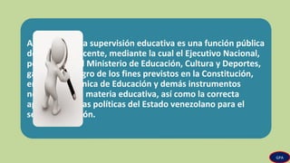 Artículo 150. La supervisión educativa es una función pública
de carácter docente, mediante la cual el Ejecutivo Nacional,
por órgano del Ministerio de Educación, Cultura y Deportes,
garantiza el logro de los fines previstos en la Constitución,
en la Ley Orgánica de Educación y demás instrumentos
normativos en materia educativa, así como la correcta
aplicación de las políticas del Estado venezolano para el
sector educación.
GPA
 