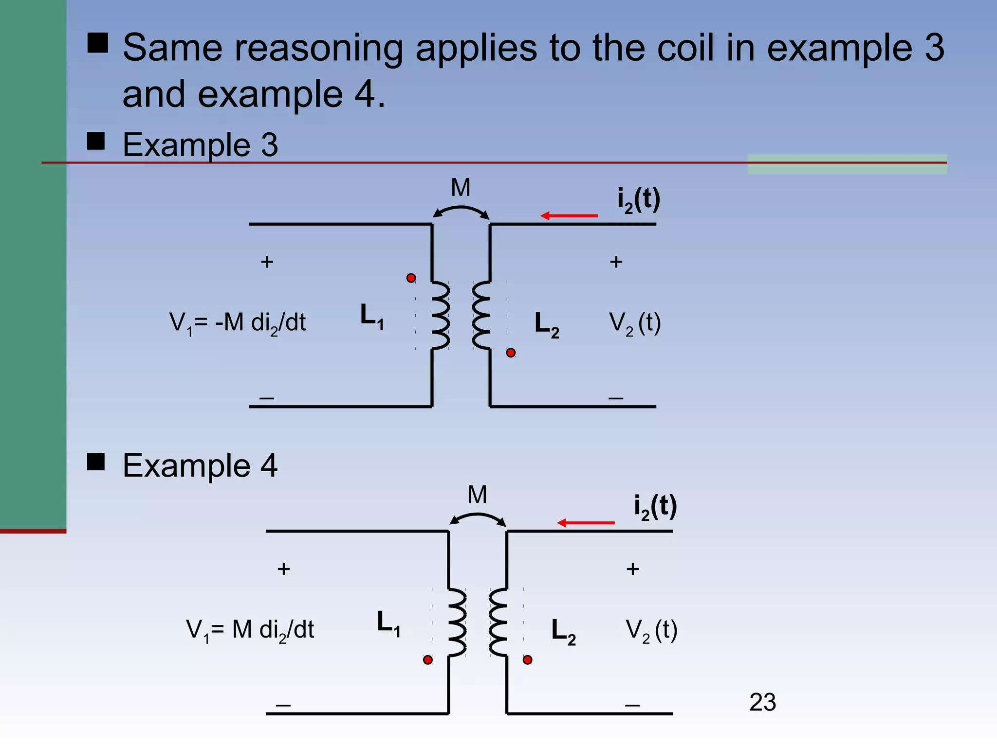23
 Same reasoning applies to the coil in example 3
and example 4.
 Example 3
 Example 4
i2(t)
+
V1= -M di2/dt
_
+
V2 (t)
_
L2
L1
M
i2(t)
+
V1= M di2/dt
_
+
V2 (t)
_
L2
L1
M
 