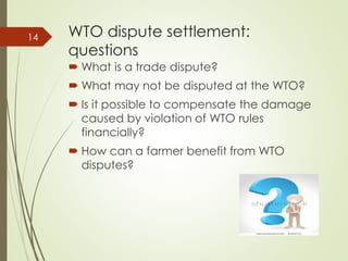 WTO dispute settlement:
questions
 What is a trade dispute?
 What may not be disputed at the WTO?
 Is it possible to co...