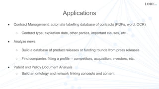 Applications
● Contract Management: automate labelling database of contracts (PDFs, word, OCR)
○ Contract type, expiration...