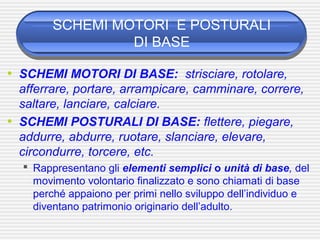 SCHEMI MOTORI E POSTURALI
DI BASE
• SCHEMI MOTORI DI BASE: strisciare, rotolare,
afferrare, portare, arrampicare, camminare, correre,
saltare, lanciare, calciare.
• SCHEMI POSTURALI DI BASE: flettere, piegare,
addurre, abdurre, ruotare, slanciare, elevare,
circondurre, torcere, etc.
 Rappresentano gli elementi semplici o unità di base, del
movimento volontario finalizzato e sono chiamati di base
perché appaiono per primi nello sviluppo dell’individuo e
diventano patrimonio originario dell’adulto.
 