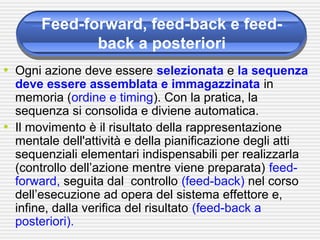 Feed-forward, feed-back e feed-
back a posteriori
• Ogni azione deve essere selezionata e la sequenza
deve essere assemblata e immagazzinata in
memoria (ordine e timing). Con la pratica, la
sequenza si consolida e diviene automatica.
• Il movimento è il risultato della rappresentazione
mentale dell'attività e della pianificazione degli atti
sequenziali elementari indispensabili per realizzarla
(controllo dell’azione mentre viene preparata) feed-
forward, seguita dal controllo (feed-back) nel corso
dell’esecuzione ad opera del sistema effettore e,
infine, dalla verifica del risultato (feed-back a
posteriori).
 