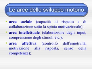 Le aree dello sviluppo motorio
• area sociale (capacità di rispetto e di
collaborazione sotto la spinta motivazionale);
• area intellettuale (elaborazione degli input,
comprensione degli stimoli etc.);
• area affettiva (controllo dell’emotività,
motivazione alla risposta, senso della
competenza);
 