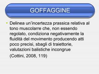 GOFFAGGINE
• Delinea un’incertezza prassica relativa al
tono muscolarre che, non essendo
regolato, condiziona negativamente la
fluidità del movimento producendo atti
poco precisi, sbagli di traiettorie,
valutazioni balistiche incongrue
(Cottini, 2008, 119)
 