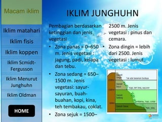 IKLIM JUNGHUHN
Pembagian berdasarkan
ketinggian dan jenis
vegetasi
• Zona panas = 0–650
m. Jenis vegetasi :
jagung, padi, kelapa
dan tebu.
• Zona sedang = 650–
1500 m. Jenis
vegetasi: sayur-
sayuran, buah-
buahan, kopi, kina,
teh tembakau, coklat.
• Zona sejuk = 1500–
2500 m. Jenis
vegetasi : pinus dan
cemara.
• Zona dingin = lebih
dari 2500. Jenis
vegetasi : lumut.
Macam iklim
Iklim koppen
Iklim Scmidt-
Fergusson
Iklim Menurut
Junghuhn
Iklim Oldman
Iklim matahari
Iklim fisis
HOME
 