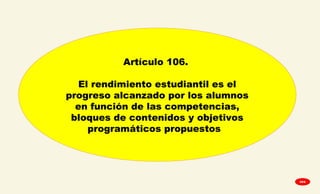 Artículo 106.
El rendimiento estudiantil es el
progreso alcanzado por los alumnos
en función de las competencias,
bloques de contenidos y objetivos
programáticos propuestos
GPA
 
