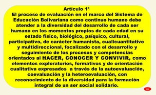 
Artículo 1º
El proceso de evaluación en el marco del Sistema de
Educación Bolivariana como continuo humano debe
atender a la diversidad del desarrollo de cada ser
humano en los momentos propios de cada edad en su
estado físico, biológico, psíquico, cultural,
participativo, de carácter humanista, cualicuantitativo
y multidireccional, focalizado con el desarrollo y
seguimiento de los procesos y competencias
orientados al HACER, CONOCER Y CONVIVIR, como
elementos exploratorios, formativos y de orientación
cualitativa expresados a través de la autoevaluación,
coevaluación y la heteroevaluación, con
reconocimiento de la diversidad para la formación
integral de un ser social solidario.
GPA
 