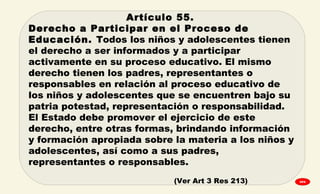 Artículo 55.
Derecho a Participar en el Proceso de
Educación. Todos los niños y adolescentes tienen
el derecho a ser informados y a participar
activamente en su proceso educativo. El mismo
derecho tienen los padres, representantes o
responsables en relación al proceso educativo de
los niños y adolescentes que se encuentren bajo su
patria potestad, representación o responsabilidad. 
El Estado debe promover el ejercicio de este
derecho, entre otras formas, brindando información
y formación apropiada sobre la materia a los niños y
adolescentes, así como a sus padres,
representantes o responsables.
(Ver Art 3 Res 213).  GPA
 