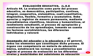 
EVALUACIÓN EDUCATIVA. (L.O.E.)
Artículo 44. La evaluación como parte del proceso
educativo, es democrática, participativa, continua,
integral, cooperativa, sistemática, cuali-cuantitativa,
diagnóstica, flexible, formativa y acumulativa. Debe
apreciar y registrar de manera permanente, mediante
procedimientos científicos, técnicos y humanísticos, el
rendimiento estudiantil, el proceso de apropiación y
construcción de los aprendizajes, tomando en cuenta
los factores sociohistóricos, las diferencias
individuales y valorará
el
desempeño del educador y la educadora y en general,
todos los elementos que constituyen dicho proceso. El
órgano con competencia en materia de educación
básica, establecerá las normas y procedimientos que
regirán el proceso de evaluación en los diferentes
niveles y modalidades del subsistema de educación
GPA
 