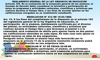 
REGLAMENTO GENERAL DE LA LEY ORGANICA DE EDUCACION
Artículo 103. En la evaluación de la actuación general de los alumnos, el
Consejo de Sección deber considerar la iniciativa y participación de
éstos en programas y actividades culturales, científicas y artísticas que
realicen durante el tiempo libre, a los fines de acordar ajustes en las
calificaciones otorgadas en su rendimiento estudiantil.
RESOLUCION N° 213 DE 15-03-1989.
Art. 13. A los fines del cumplimiento de lo dispuesto en el artículo 103
del reglamento general de la ley Orgánica de educación, la
participación de lo alumnos, debidamente certificada por el director
del plantel, en actividades culturales, científicas y artísticas que
realicen durante el tiempo libre y que favorezca al plantel o a la
comunidad, será credencial de mérito para ajustar hasta en dos puntos
las calificaciones obtenidas en cada lapso. En todo caso este ajuste no
podrá hacerse en m{as de dos asignaturas.
Parágrafo único: Cuando el alumno haya sido favorecido por lo
dispuesto en el artículo 11 de la presente resolución solamente podrá
ajustarse su calificación en una asignatura más.
CIRCULAR N° 07 DE FECHA 02-06-89.
E.- La constancia de haber participado, el alumno, en actividades
Culturales, Científicas o Artísticas, será credencial suficiente para
ajustar la calificación definitiva hasta en dos asignaturas en cada
lapso. GPA
 