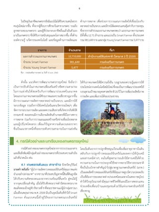 รายการ จำ�นวนราย ที่มา
ผลการสำ�รวจแรงงานภาคเกษตร 12,710,000 สำ�นักงานสถิติแห่งชาติ (ไตรมาส 3 ปี 2559)
จำ�นวน Smart Farmer 981,649 กรมส่งเสริมการเกษตร
จำ�นวน Young Smart Farmer 5,477 กรมส่งเสริมการเกษตร
	 ในปัจจุบันอาชีพเกษตรกรจึงมีแนวโน้มได้รับความสนใจจาก
คนรุ่นใหม่มากขึ้น ทั้งจากผู้ที่จบการศึกษาในสาขาเกษตร รวมถึง
ลูกหลานของเกษตรกร และผู้ที่ประกอบอาชีพอื่นแล้วผันตัวเอง
มาเป็นเกษตรกร ซึ่งได้รับการสนับสนุนและโอกาสมากขึ้น ทั้งด้าน
องค์ความรู้ นวัตกรรมเทคโนโลยี และข้อมูลด้านการผลิตและ
ด้านการตลาด เพื่อช่วยการวางแผนการผลิตให้เชื่อมโยงกับ
ตลาดอย่างเป็นระบบและมีรายได้ผลตอบแทนคุ้มค่ากับการลงทุน
ซึ่งจากการส�ำรวจแรงงานภาคเกษตรพบว่าแรงงานภาคการเกษตร
มีทั้งสิ้น12.71ล้านรายและแบ่งเป็นSmartFarmerทั้งประเทศ
รวม981,649รายและกลุ่มYoungSmartFarmerรวม5,477ราย
ที่มา : กรมส่งเสริมการเกษตร ณ วันที่ 10 เม.ย. 2560
	 ดังนั้น แนวคิดการพัฒนาเกษตรกรยุคใหม่ จึงถือว่า
เป็นการปรับตัวในภาคเกษตรเพื่อเสริมสร้างขีดความสามารถ
ในการแข่งขันให้สอดรับกับการพัฒนาประเทศในอนาคต
โดยแรงงานภาคเกษตรจะมีศักยภาพและความเชี่ยวชาญมากขึ้น
มีการวางแผนการผลิตการตลาดอย่างเป็นระบบ และมีการใช้
ระบบข้อมูล รวมถึงการใช้เทคโนโลยีและนวัตกรรมใหม่ๆ เพื่อ
จัดการกระบวนการผลิต และลดความเสียหายที่เกิดจากภัยพิบัติ
ธรรมชาติ ตลอดจนมีการเลือกผลิตสินค้าเกษตรที่มีโอกาสทาง
การตลาด ร่วมกับการวางแผนและสร้างเครือข่ายเชื่อมโยงตลาด
และผู้บริโภคโดยตรง เพื่อแก้ปัญหาความผันผวนของราคา
ซึ่งเป็นแนวทางหนึ่งที่จะยกระดับความสามารถในการแข่งขัน
4. กรณีตัวอย่างและบทเรียนของเกษตรกรยุคใหม่
ให้กับภาคเกษตรให้มีความยั่งยืน บนฐานของความรู้และการใช้
ประโยชน์จากเทคโนโลยีสมัยใหม่ซึ่งจะเป็นการพัฒนาประเทศให้
บรรลุตามเป้าหมายยุทธศาสตร์ชาติ20ปีในการเพิ่มประสิทธิภาพ
การผลิต และเพิ่มรายได้ของประชาชน
	 กรณีตัวอย่างของเกษตรกรยุคใหม่จากการรวบรวมเอกสาร
และสื่อสิ่งพิมพ์มีกลุ่มตัวอย่างของเกษตรกรที่ประสบความส�ำเร็จ
แล้วที่น่าสนใจ เช่น
	 4.1	 เกษตรกรต้นแบบ สาขาข้าว จังหวัดบุรีรัมย์
นายด�ำ ขยันยิ่ง “ผู้นําการผลิตขาวหอมมะลิอินทรีย์คุณภาพแห่ง
อําเภอลําปลายมาศ”จากชาวนาที่ประสบปัญหาหนี้สินที่ดินถูกยึด
ได้ปรับความคิดของตนเองจากความท้อแท้สิ้นหวัง สู่คนใฝ่รู้
จากจุดเปลี่ยนสําคัญ เมื่อได้รับฟังพระราชดํารัสของพระบาท
สมเด็จพระเจ้าอยู่หัวรัชกาลที่9ที่พระราชทานแก่ผู้นํากลุ่มชาวนา
เมื่อเดือนพฤษภาคม พ.ศ. 2504 นับเป็นจุดเริ่มต้นที่ทําให้ Smart
Farmer ต้นแบบคนนี้เข้าสู่วิถีของการเกษตรแบบอินทรีย์
โดยเริ่มต้นจากการปลูกพืชหมุนเวียนเพื่อเพิ่มธาตุอาหารในดิน
สลับกับการปลูกข้าวหอมมะลิอินทรีย์และลดการใช้ปุ๋ยเคมี
และสารเคมีต่างๆ จนในที่สุดสามารถเลิกใช้สารเคมีได้ด้วย
ความสามารถในการประยุกต์ใช้หลากหลายวิธีทางธรรมชาติ
ซึ่งเป็นใบเบิกทางสําคัญนําไปสู่มาตรฐานเกษตรอินทรีย์ (มกท.)
เป็นผลผลิตข้าวหอมมะลิอินทรีย์ที่มีคุณภาพสูง มีความปลอดภัย
เป็นที่ต้องการของตลาดต่างประเทศโดยเฉพาะในสหภาพยุโรป
ทําให้ปัจจุบันนายดํามีคุณภาพชีวิตที่ดีและมีโอกาสตอบแทน
ช่วยเหลือเพื่อนบ้านและชุมชนด้วยวิถีแห่งเกษตรอินทรีย์ที่
เชี่ยวชาญ
6
 