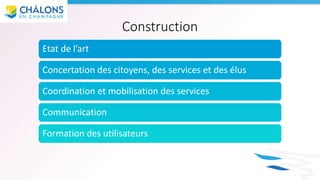 Construction
Etat de l’art
Concertation des citoyens, des services et des élus
Coordination et mobilisation des services
Communication
Formation des utilisateurs
 