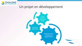 Un projet en développement
Elargissement au
territoire de
l’Agglomération
Nouveaux
téléservices
France
Connect /
Facebook ...