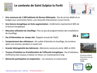 Mairie de Saint Sulpice la Forêt – Juillet 2017
Le contexte de Saint Sulpice la Forêt
• Une commune de 1 500 habitants de Rennes Métropole : Pas de service dédié et un
budget sous contraintes fortes, une nécessité d’économies à court terme.
• Une facture énergétique en forte augmentation : 6 bâtiments représentent 80% de
la facture énergétique
• Mauvaise utilisation du chauffage : Peu ou pas de programmation des installations
de chauffage
• Pas d’information en temps réel : Rapport annuel de l’ALEC
• Comportement des utilisateurs : On oublie d’éteindre le chauffage, les lumières
après une réunion, pendant un week-end
• Grande hétérogénéité des bâtiments : Bâtiments construits entre 1805 et 2015
• Travaux d’isolation ou d’amélioration de l’efficacité énergétique : Pas d’indicateur
d’efficience des travaux à réaliser et retour sur investissement long
• Démarche participative et coopérative : Les solutions se construisent
26 x
Panneaux solaires
Perte de 6 mois de
production
3200€
 