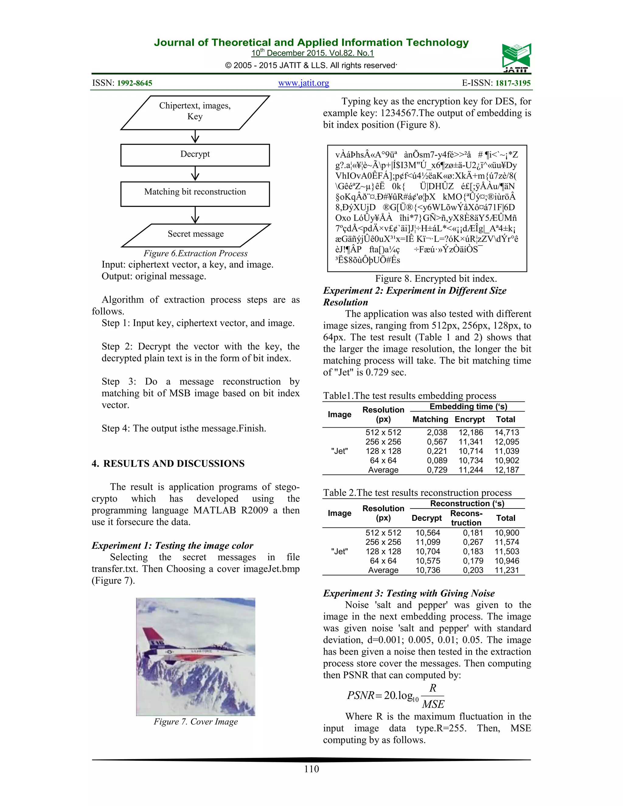 Journal of Theoretical and Applied Information Technology 10th December 2015. Vol.82. No.1 © 2005 - 2015 JATIT & LLS. All rights reserved. ISSN: 1992-8645 www.jatit.org E-ISSN: 1817-3195 110 Figure 6.Extraction Process Input: ciphertext vector, a key, and image. Output: original message. Algorithm of extraction process steps are as follows. Step 1: Input key, ciphertext vector, and image. Step 2: Decrypt the vector with the key, the decrypted plain text is in the form of bit index. Step 3: Do a message reconstruction by matching bit of MSB image based on bit index vector. Step 4: The output isthe message.Finish. 4. RESULTS AND DISCUSSIONS The result is application programs of stego- crypto which has developed using the programming language MATLAB R2009 a then use it forsecure the data. Experiment 1: Testing the image color Selecting the secret messages in file transfer.txt. Then Choosing a cover imageJet.bmp (Figure 7). Figure 7. Cover Image Typing key as the encryption key for DES, for example key: 1234567.The output of embedding is bit index position (Figure 8). Figure 8. Encrypted bit index. Experiment 2: Experiment in Different Size Resolution The application was also tested with different image sizes, ranging from 512px, 256px, 128px, to 64px. The test result (Table 1 and 2) shows that the larger the image resolution, the longer the bit matching process will take. The bit matching time of "Jet" is 0.729 sec. Table1.The test results embedding process Image Resolution (px) Embedding time (‘s) Matching Encrypt Total "Jet" 512 x 512 2,038 12,186 14,713 256 x 256 0,567 11,341 12,095 128 x 128 0,221 10,714 11,039 64 x 64 0,089 10,734 10,902 Average 0,729 11,244 12,187 Table 2.The test results reconstruction process Image Resolution (px) Reconstruction (‘s) Decrypt Recons- truction Total "Jet" 512 x 512 10,564 0,181 10,900 256 x 256 11,099 0,267 11,574 128 x 128 10,704 0,183 11,503 64 x 64 10,575 0,179 10,946 Average 10,736 0,203 11,231 Experiment 3: Testing with Giving Noise Noise 'salt and pepper' was given to the image in the next embedding process. The image was given noise 'salt and pepper' with standard deviation, d=0.001; 0.005, 0.01; 0.05. The image has been given a noise then tested in the extraction process store cover the messages. Then computing then PSNR that can computed by: MSE R PSNR 10log.20= Where R is the maximum fluctuation in the input image data type.R=255. Then, MSE computing by as follows. vÀáÞhsÂ«A°9üª ànÕsm7-y4fé>>²å # ¶i<`~¡*Z g?.a¦«¥¦è~Ãp+|Í$I3M"Ú_x6¶zø±ä-U2¿ï^«üu¥Dy VhIOvA0ÊFÁ];p¢f<ú4½ëaK«ø:XkÄ+m{ú7zè/8( GêéªZ~µ}êË 0k{ Ü|DHÛZ é£[;ÿÅÀu/¶äN §oKqÂð¨¤.Ð#¥ûR#á¢'ø¦þX kMO{ªÛý¤;®iùröÂ 8,ÐýXUjD ®G[Ü®{<y6WLõwÝåXô¤á71F|6D Oxo LóÛy¥ÅÀ îhi*7}GÑ>ñ,yX8È8äY5ÆÛMñ 7ºçdÅ<pdÄ×v£¢`äi]J¦÷H±áL*<«¡¡dÆÎg|_Aª4±k¡ æGäñýjÛê0uX³¹x=IÊ Kï¬·L=?óK×úR¦zZVdÝr°ê èJ!¶ÂP fta[)a¼ç ÷Fæú·»ÝzÒäíÒS¯ ³Ë$8õùÔþUÖ#És Chipertext, images, Key Decrypt Matching bit reconstruction Secret message 