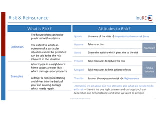 Risk	&	Reinsurance
What	is Risk?
Definition
The	future	often	cannot	be	
predicted	with	certainty	
The	extent	to	which	an	
outcome	of	a	particular	
situation	cannot	be	predicted	
can	be	said	to	be	the	risk	
inherent	in	the	situation
Examples
A	burst	pipe	in	a	neighbour’s	
home	causes	a	water	leak	
which	damages	your	property
A	driver	is	not	concentrating	
and	drives	into	the	back	of	
your	car,	causing	damage	
which	needs	repair
©	2017	inuRE.	All	rights	reserved.	 2
Attitudes	to	Risk?
Ignore	 Unaware	of	the	risks	→ Important	to	have	a	risk	focus
Assume Take	no	action
Avoid	 Cease	the	activity	which	gives	rise	to	the	risk
Prevent	 Take	measures	to	reduce	the	risk
Mitigate	 Take	measures	to	limit	adverse	effects
Transfer	 Pass	on	the	exposure	to	risk	→ (Re)insurance
Practical?
Find	a	
balance
Ultimately,	it’s	all	about	our	risk	attitudes	and	what	we	decide	to	do	
with	risk – there	is	no	one	right	answer	and	our	approach	can	
depend	on	our	circumstances	and	what	we	want	to	achieve
 