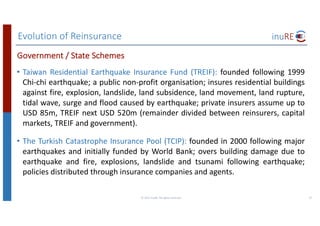 Evolution	of	Reinsurance
©	2017	inuRE.	All	rights	reserved.	 37
• Taiwan Residential Earthquake Insurance Fund (TREIF): founded following 1999
Chi-chi earthquake; a public non-profit organisation; insures residential buildings
against fire, explosion, landslide, land subsidence, land movement, land rupture,
tidal wave, surge and flood caused by earthquake; private insurers assume up to
USD 85m, TREIF next USD 520m (remainder divided between reinsurers, capital
markets, TREIF and government).
• The Turkish Catastrophe Insurance Pool (TCIP): founded in 2000 following major
earthquakes and initially funded by World Bank; overs building damage due to
earthquake and fire, explosions, landslide and tsunami following earthquake;
policies distributed through insurance companies and agents.
Government	/	State	Schemes
 