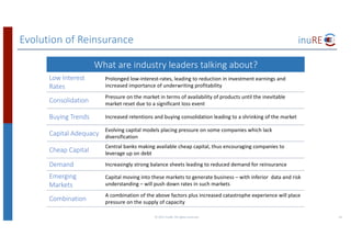 Evolution	of	Reinsurance
©	2017	inuRE.	All	rights	reserved.	 41
What	are	industry leaders	talking	about?
Low	Interest	
Rates
Prolonged	low-interest-rates, leading	to	reduction	in	investment	earnings	and	
increased	importance	of	underwriting	profitability
Consolidation
Pressure	on	the	market	in	terms	of	availability	of	products	until	the	inevitable	
market	reset	due	to	a	significant	loss	event
Buying	Trends Increased	retentions and	buying	consolidation	leading	to	a	shrinking	of	the	market
Capital	Adequacy
Evolving capital	models	placing	pressure	on	some	companies	which	lack	
diversification
Cheap	Capital
Central	banks	making	available	cheap	capital, thus	encouraging	companies	to	
leverage	up	on	debt
Demand Increasingly	strong	balance sheets	leading	to	reduced	demand	for	reinsurance
Emerging	
Markets
Capital	moving	into	these	markets	to	generate	business	– with	inferior	 data	and	risk	
understanding	– will	push	down	rates	in	such	markets
Combination
A	combination	of	the above	factors	plus	increased	catastrophe	experience	will	place	
pressure	on	the	supply	of	capacity
 