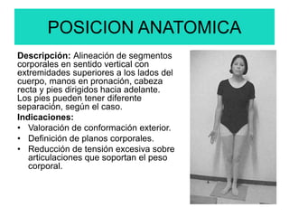 POSICION ANATOMICA
Descripción: Alineación de segmentos
corporales en sentido vertical con
extremidades superiores a los lados del
cuerpo, manos en pronación, cabeza
recta y pies dirigidos hacia adelante.
Los pies pueden tener diferente
separación, según el caso.
Indicaciones:
• Valoración de conformación exterior.
• Definición de planos corporales.
• Reducción de tensión excesiva sobre
articulaciones que soportan el peso
corporal.
 