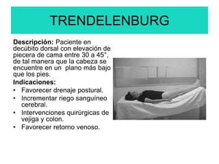 TRENDELENBURG
Descripción: Paciente en
decúbito dorsal con elevación de
piecera de cama entre 30 a 45°,
de tal manera que la cabeza se
encuentre en un plano más bajo
que los pies.
Indicaciones:
• Favorecer drenaje postural.
• Incrementar riego sanguíneo
cerebral.
• Intervenciones quirúrgicas de
vejiga y colon.
• Favorecer retorno venoso.
 
