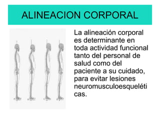 ALINEACION CORPORAL
La alineación corporal
es determinante en
toda actividad funcional
tanto del personal de
salud como del
paciente a su cuidado,
para evitar lesiones
neuromusculoesqueléti
cas.
 