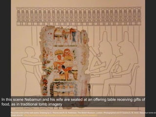 Reconstruction of the wall scene. Drawing by C. Thorne and R. B. Parkinson. The British Museum, London. Photographed and © Osama S. M. Amin. Nebamun tomb-cha
Image source: http://etc.ancient.eu/photos/egyptian-tomb-chapel-scenes-nebamun-british-museum/
In this scene Nebamun and his wife are seated at an offering table receiving gifts of
food, as in traditional tomb imagery
 