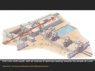 Image source: http://www.nevworldwonders.com/2013/08/preview-karnak.html
One runs north-south, with an avenue of sphinxes leading towards the temple at Luxor
 