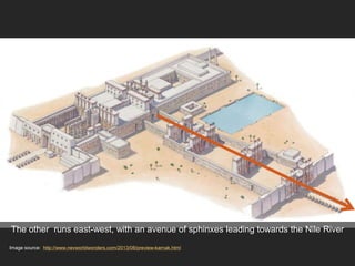 Image source: http://www.nevworldwonders.com/2013/08/preview-karnak.html
The other runs east-west, with an avenue of sphinxes leading towards the Nile River
 