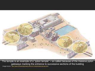 Image source: http://www.nevworldwonders.com/2013/08/preview-karnak.html
The temple is an example of a “pylon temple” – so called because of the massive pylon
gateways marking the entrance to successive sections of the building
Pylon
Pylon
Pylon
Pylon
 