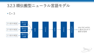 3.2.3 順伝搬型ニューラル言語モデル
• C=３
結
合
3つ前の単語
2つ前の単語
1つ前の単語
埋め込
み層
埋め込
み層
埋め込
み層
Linear
tanh
Linear
softmax
one-hot vector
と組み合わせて
確率を取得
 