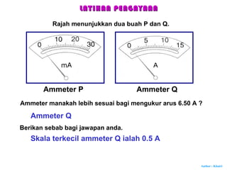 Author : Khairi
LATIHAN PENGAYAANLATIHAN PENGAYAAN
Rajah menunjukkan dua buah P dan Q.
Ammeter P Ammeter Q
Ammeter manakah lebih sesuai bagi mengukur arus 6.50 A ?
Berikan sebab bagi jawapan anda.
Ammeter Q
Skala terkecil ammeter Q ialah 0.5 A
 