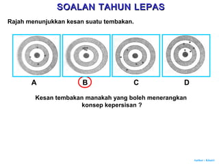 Author : Khairi
Rajah menunjukkan kesan suatu tembakan.
A B C D
Kesan tembakan manakah yang boleh menerangkan
konsep kepersisan ?
SOALAN TAHUN LEPASSOALAN TAHUN LEPAS
 