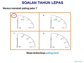 Author : Khairi
Neraca manakah paling peka ?
Skala terkecilnya paling kecil
0.250.17
SOALAN TAHUN LEPASSOALAN TAHUN LEPAS
 