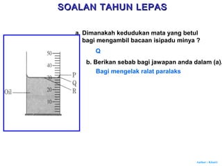 Author : Khairi
a. Dimanakah kedudukan mata yang betul
bagi mengambil bacaan isipadu minya ?
Q
b. Berikan sebab bagi jawapan anda dalam (a).
Bagi mengelak ralat paralaks
SOALAN TAHUN LEPASSOALAN TAHUN LEPAS
 