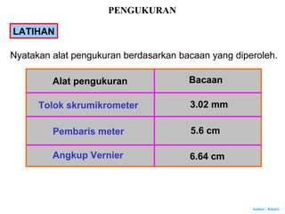 Author : Khairi
LATIHAN
Nyatakan alat pengukuran berdasarkan bacaan yang diperoleh.
Alat pengukuran Bacaan
3.02 mm
5.6 cm
6.64 cm
Tolok skrumikrometer
Pembaris meter
Angkup Vernier
PENGUKURAN
 