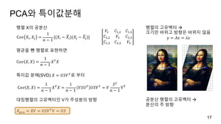 PCA와 특이값분해
17
C𝑜𝑣 𝑋*, 𝑋8 =
1
𝑛 − 1
[(𝑋* − 𝑋>*)(𝑋8 − 𝑋>8)]	
행렬 X의 공분산
평균을 뺀 행렬로 표현하면
C𝑜𝑣 𝑋, 𝑋 =
1
𝑛 − 1
𝑋B
𝑋
특이값 분해(SVD) 𝑋 = 𝑈𝑆𝑉B
로 부터
C𝑜𝑣 𝑋, 𝑋 =
1
𝑛 − 1
𝑋B
𝑋 =
1
𝑛 − 1
𝑉𝑆𝑈B
𝑈𝑆𝑉B
= 𝑉
𝑆&
𝑛 − 1
VG
𝑉( 𝐶(,& 𝐶(,'
𝐶(,& 𝑉& 𝐶&,'
𝐶(,' 𝐶&,' 𝑉'
대칭행렬의 고유벡터인 V가 주성분의 방향
𝑋IJ, = 𝑋𝑉 = 𝑈𝑆𝑉B
𝑉 = 𝑈𝑆
행렬의 고유벡터 à
크기만 바뀌고 방향은 바뀌지 않음
𝑦 = 𝐴𝑥 = 𝜆𝑥
공분산 행렬의 고유벡터 à
분산의 주 방향
 