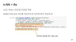 k-NN + lfw
(지도 학습) 1-최근접 이웃을 적용
87x65 픽셀 값의 거리를 계산하므로 위치에 매우 민감해 짐
21
무작위로 분류할 경우 1/62=1.6%
 