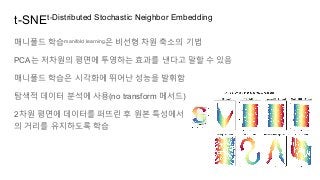 t-SNEt-Distributed Stochastic Neighbor Embedding
매니폴드 학습manifold learning은 비선형 차원 축소의 기법
PCA는 저차원의 평면에 투영하는 효과를 낸다고 말할 수 있음
매니폴드 학습은 시각화에 뛰어난 성능을 발휘함
탐색적 데이터 분석에 사용(no transform 메서드)
2차원 평면에 데이터를 퍼뜨린 후 원본 특성에서
의 거리를 유지하도록 학습
32
 