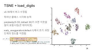 TSNE + load_digits
v0.19에서 버그 수정됨
뛰어난 클래스 시각화 능력
perplexity(5~50, default 30)가 크면 이웃을
많이 포함시킴(큰 데이터셋)
early_exaggeration(default 1)에서 초기 과장
단계의 정도를 지정함
35
 