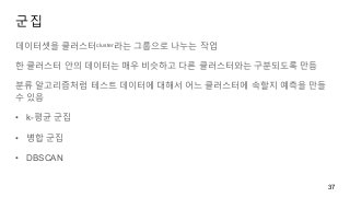 군집
데이터셋을 클러스터cluster라는 그룹으로 나누는 작업
한 클러스터 안의 데이터는 매우 비슷하고 다른 클러스터와는 구분되도록 만듬
분류 알고리즘처럼 테스트 데이터에 대해서 어느 클러스터에 속할지 예측을 만들
수 있음
• k-평균 군집
• 병합 군집
• DBSCAN
37
 