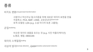 종류
비지도 변환unsupervised transformation
사람이나 머신러닝 알고리즘을 위해 새로운 데이터 표현을 만듦
차원축소: PCA, NMF, t-SNE, 오토인코더autoencoder
토픽 모델링: LDA (e.g. 소셜 미디어 토론 그룹핑)
군집clustering
비슷한 데이터 샘플을 모으는 것 (e.g. 사진 어플리케이션)
k-평균, 병합, DBSCAN
데이터 스케일링scaling
이상치 탐지anomaly detection, GANgenerative adversarial networks
5
 