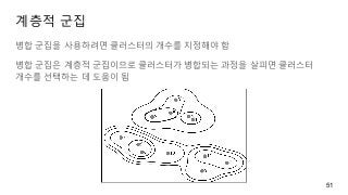 계층적 군집
병합 군집을 사용하려면 클러스터의 개수를 지정해야 함
병합 군집은 계층적 군집이므로 클러스터가 병합되는 과정을 살피면 클러스터
개수를 선택하는 데 도움이 됨
51
 
