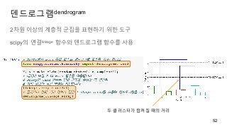 덴드로그램dendrogram
2차원 이상의 계층적 군집을 표현하기 위한 도구
scipy의 연결linkage 함수와 덴드로그램 함수를 사용
52
두 클러스터가 합쳐질 때의 거리
 
