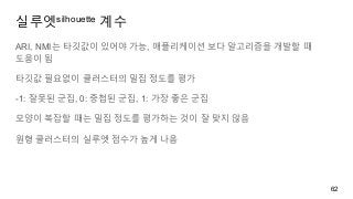 실루엣silhouette 계수
ARI, NMI는 타깃값이 있어야 가능, 애플리케이션 보다 알고리즘을 개발할 때
도움이 됨
타깃값 필요없이 클러스터의 밀집 정도를 평가
-1: 잘못된 군집, 0: 중첩된 군집, 1: 가장 좋은 군집
모양이 복잡할 때는 밀집 정도를 평가하는 것이 잘 맞지 않음
원형 클러스터의 실루엣 점수가 높게 나옴
62
 